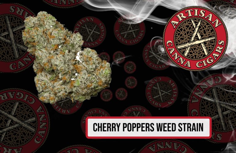 Main promotional graphic for Cherry Poppers weed strain by Artisan Canna Cigars